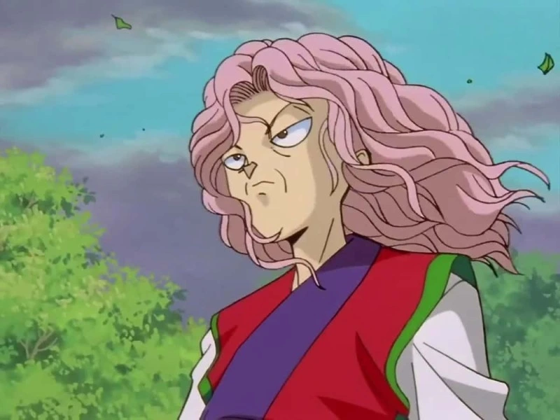 An anime character, the older Genkai from Yu Yu Hakusho, with long pink hair and a stern, unimpressed expression, wearing a red, purple, and white outfit outdoors.