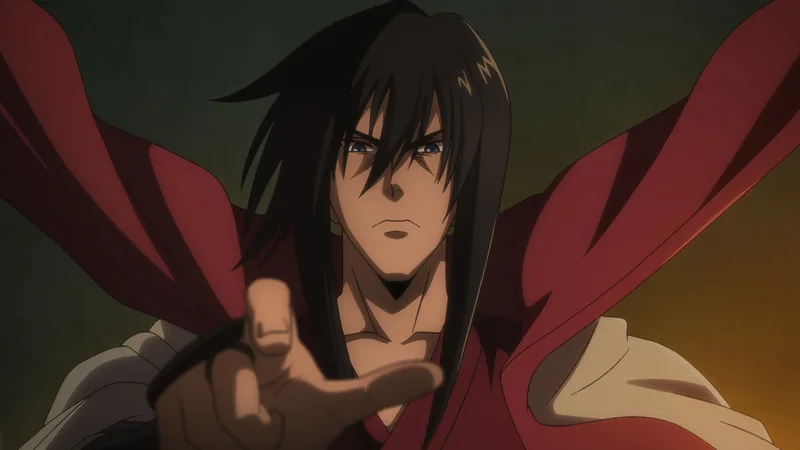 Hiko Seijuro from the anime series Rurouni Kenshin, with long dark hair, a stern expression, wearing a red and white outfit, pointing forward towards the viewer.