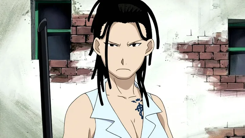 The image features Izumi Curtis, a master alchemist and martial artist from the Fullmetal Alchemist series. She is depicted with her signature dark hair in twists or dreadlocks and a stern expression.