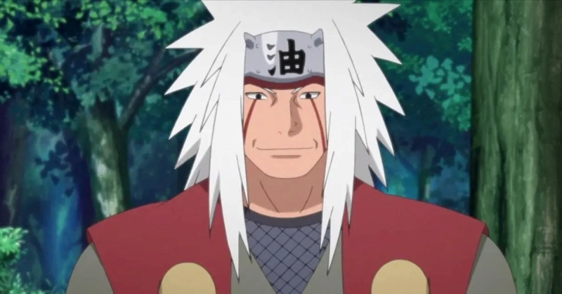 A close-up shot of the anime character Jiraiya from the series Naruto, featuring his signature spiky white hair, a forehead protector with the "Oil" (油) kanji, red markings under his eyes, and a red and grey outfit.