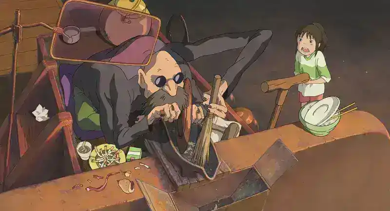 A scene from the animated film Spirited Away showing the character Kamaji, a multi-limbed, long-bearded man, working in a boiler room with the young girl Chihiro standing nearby. Kamaji is using a large paddle to mix something in a pot while Chihiro looks on. The room is filled with machinery and various items, including a large mirror-like object and bowls.