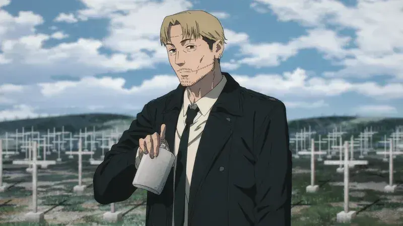The image displays the character Kishibe from the anime and manga series Chainsaw Man. Kishibe is a tall, grizzled man with scraggly facial hair and a distinctive stitched scar running across his left cheek. He has light brown or blonde hair and is wearing a black suit jacket, a white shirt, and a dark tie. He is holding a metal flask in his left hand. The character is standing outdoors in a vast cemetery filled with numerous white crosses under a cloudy sky.