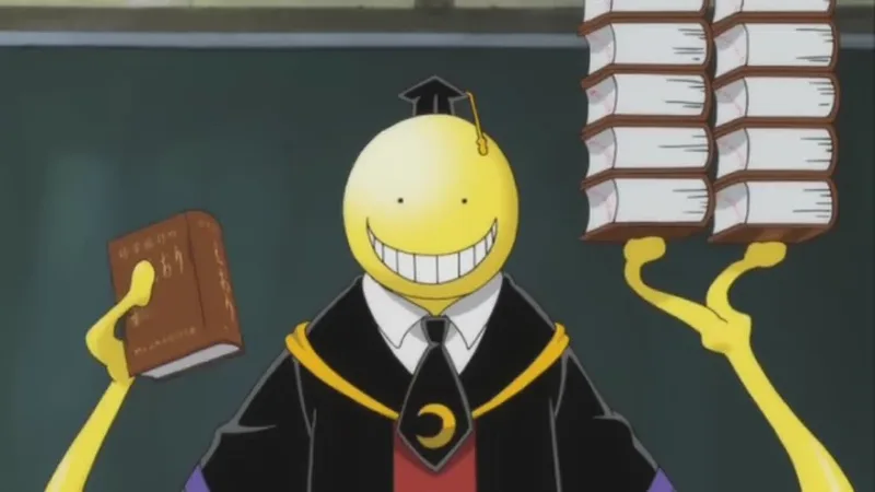 Koro-sensei, a yellow, octopus-like character, wearing a black graduation gown and cap, holds a brown book in one tentacle and stacks of books in two others, smiling with a wide grin.