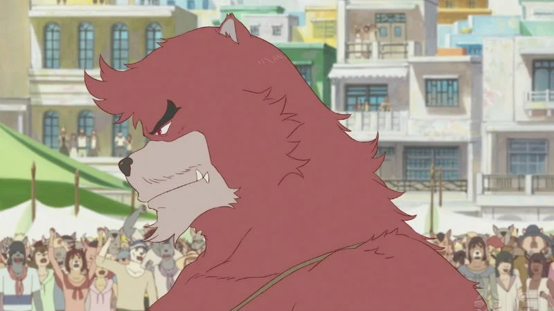 An animated, large, red, bear-like character named Kumatetsu from the film The Boy and the Beast is shown in profile, looking sternly to the left in a crowded marketplace scene.