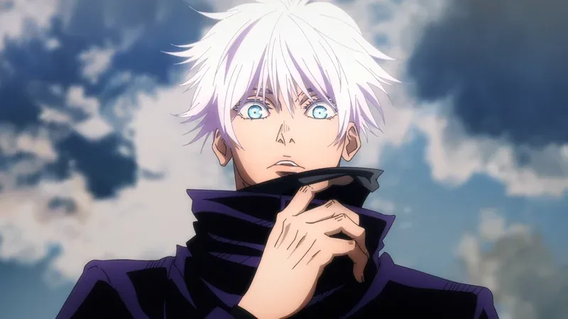 A close-up of Satoru Gojo from the anime Jujutsu Kaisen, with white hair and bright blue eyes, pulling down his black blindfold.
