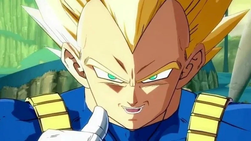 A close-up of the anime character Vegeta from Dragon Ball FighterZ in his Super Saiyan form, giving a thumbs-up gesture.