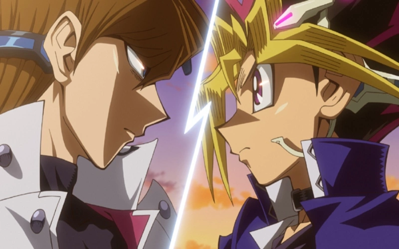 Yugi Mutou and Seto Kaiba have a faceoff