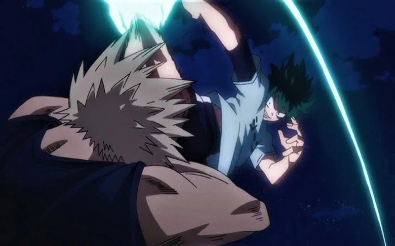 Bakugo defending himself from Midoriya's kick