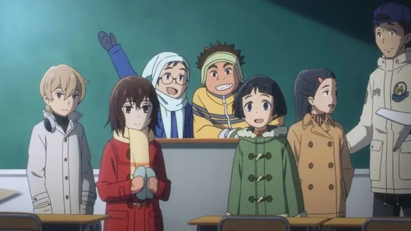 A still from the anime Erased showing seven characters in a classroom setting. From left to right: a boy with light hair in a white jacket, a girl in a red coat and scarf (Kayo Hinazuki), a boy in a blue jacket and white hood, a boy with spiky hair in a yellow sweater, a girl in a green coat, a girl in a tan coat, and a taller boy in a white jacket and blue cap standing to the far right. 