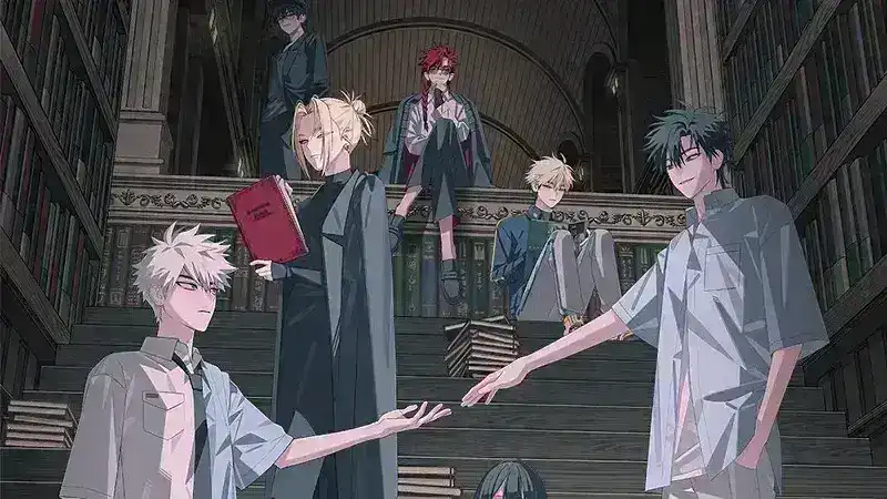 An illustration of several characters from the anime Link Click gathered in a large, multi-story library setting with wooden bookshelves. The characters are posed on a wide set of stairs, with two main characters in the foreground reaching towards each other.