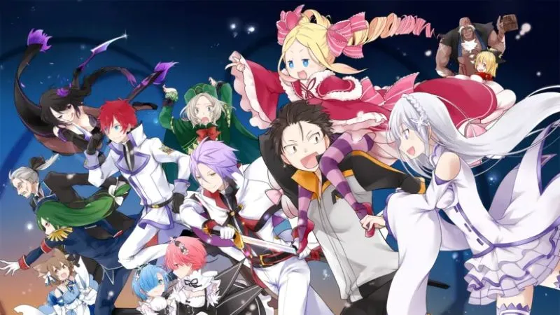 An illustration featuring a large group of main characters from the anime series Re:Zero - Starting Life in Another World. Protagonist Natsuki Subaru is centered, smiling, with Beatrice on his shoulders and Emilia next to him. Other key characters are present, posing together against a night sky background. 