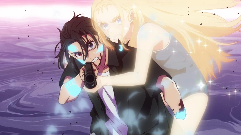 A dark-haired male anime character, Shinpei, is in the foreground, aiming a handgun forward while partially submerged in water. A blonde female character is leaning over his shoulder from behind, her arm wrapped around him. Both characters have glowing blue marks on their skin.