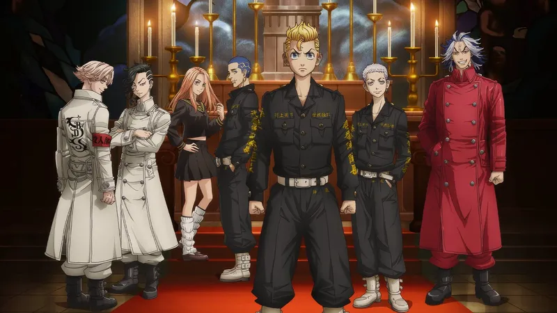 A group of seven anime characters from Tokyo Revengers stand together in what appears to be a church or formal setting with lit candles on an altar. The characters are dressed in various outfits, including gang uniforms, a red long coat, and a white coat with a red arm band. The central character has spiky blond hair. 