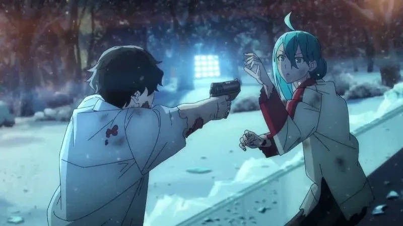 A man in a bloodstained white jacket points a handgun at a woman with light blue hair and a white coat in a snowy, dark environment with bright lights in the background. The scene is from the anime Vivy: Fluorite Eye's Song. 