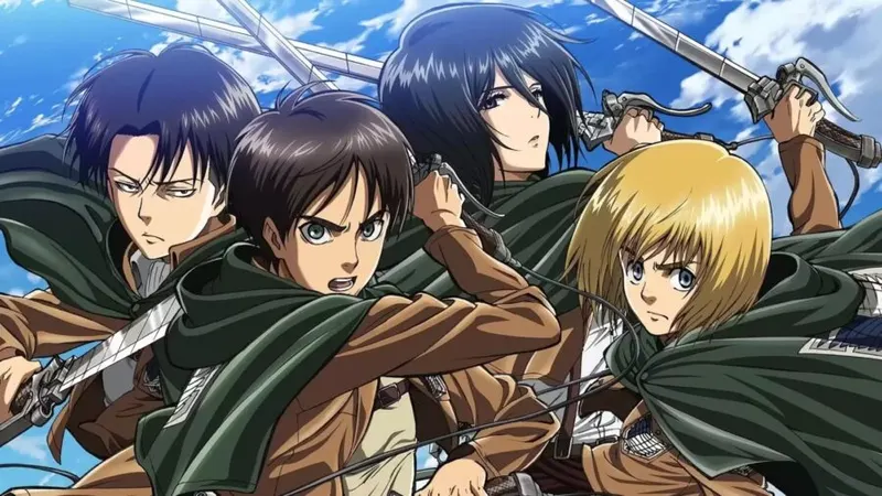An illustration of four main characters from the anime series Attack on Titan in their Survey Corps uniforms, posed dynamically for battle. From left to right: Levi Ackerman, Eren Yeager, Mikasa Ackerman, and Armin Arlert, all holding their swords with determined expressions. 