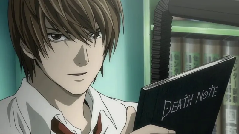 A young man with light brown hair, Light Yagami, is shown from the chest up, looking slightly to his left. He is holding a black notebook titled "DEATH NOTE" in front of him.