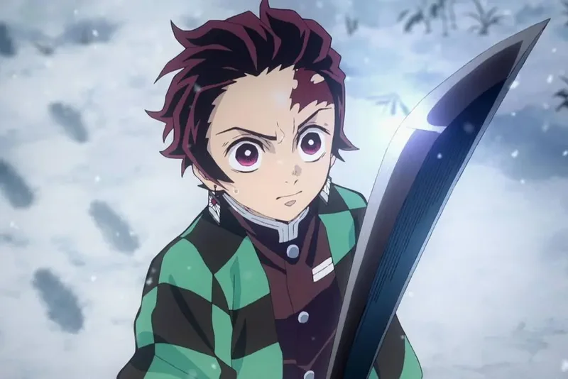 A close-up shot of a young male anime character, Tanjiro Kamado from the series Demon Slayer, in a snowy landscape. He has dark red hair with a hanafuda earring on his left ear and a scar on his forehead. He is wearing a checkered green and black haori over a black uniform. He has wide, determined purple eyes and is holding a large, sharp, metallic sword with a black blade diagonally across the frame.