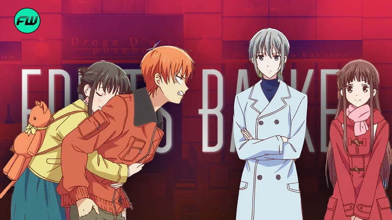 A promotional image for the anime Fruits Basket featuring four main characters. 