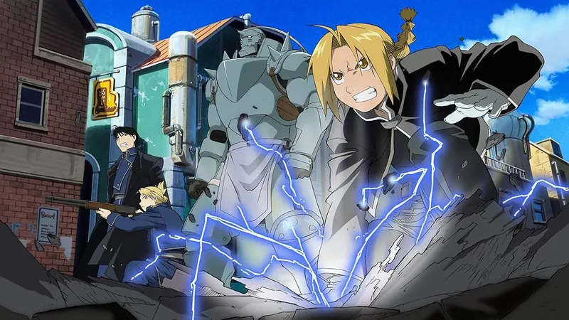 Promotional image for the anime Fullmetal Alchemist featuring main characters Edward Elric, Alphonse Elric, Roy Mustang, and Riza Hawkeye in a dynamic action pose.