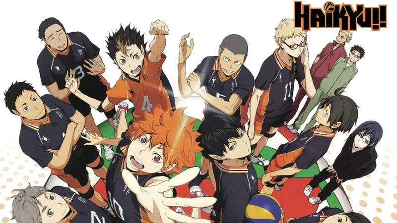 A group of male anime characters from the series Haikyu!!, wearing black and orange volleyball uniforms, are posing together. The character in the center foreground has bright orange hair and is smiling widely. The title "Haikyu!!" is visible in the top right corner.