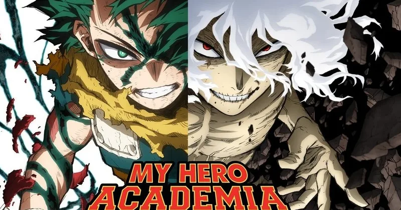 A split image featuring two characters from the anime My Hero Academia. On the left, a determined-looking Izuku Midoriya with green hair. On the right, a sinister-looking Tomura Shigaraki with white hair and pale skin, surrounded by debris. The title "MY HERO ACADEMIA" is prominently displayed at the bottom of the image. 