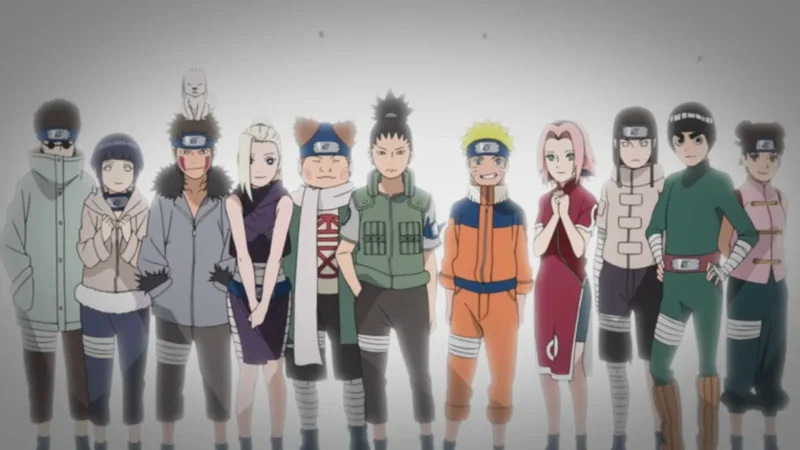 A group photo of eleven anime characters from the Naruto series standing side-by-side. The characters, known as the Konoha 11, are in their respective outfits. From left to right, the characters include: Rock Lee, Tenten, Neji Hyuga, Hinata Hyuga, Shino Aburame, Kiba Inuzuka (with Akamaru on his head), Shikamaru Nara, Naruto Uzumaki, Sakura Haruno, Sasuke Uchiha, and Ino Yamanaka.