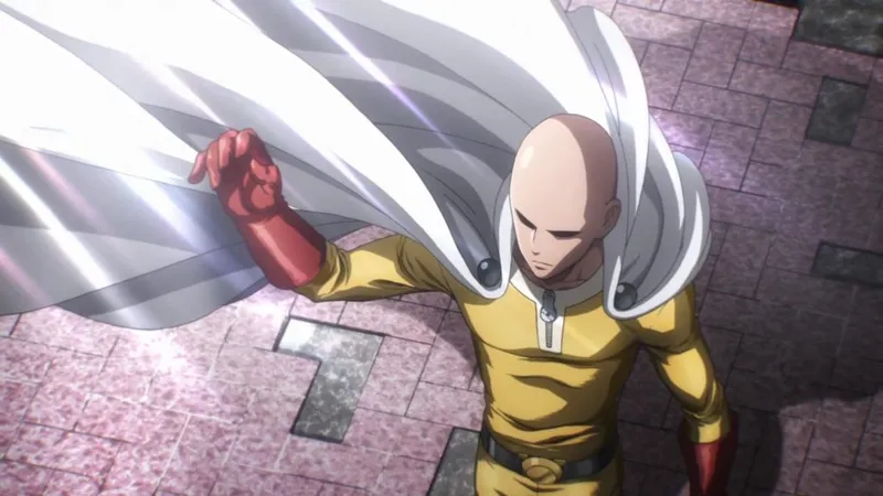 Saitama from the anime series 'One-Punch Man', a bald man in a yellow superhero suit with red gloves and a white cape, is looking down.