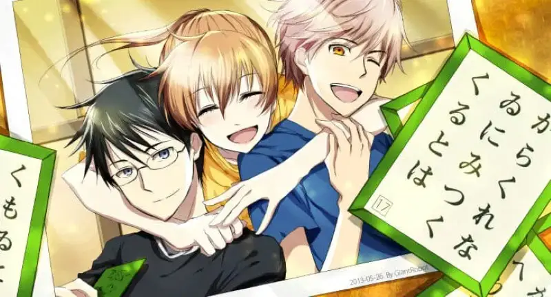 Three smiling young adult characters from the anime Chihayafuru, two males and one female, hugging each other in a warm, brightly lit scene. Japanese karuta cards are visible in the foreground.