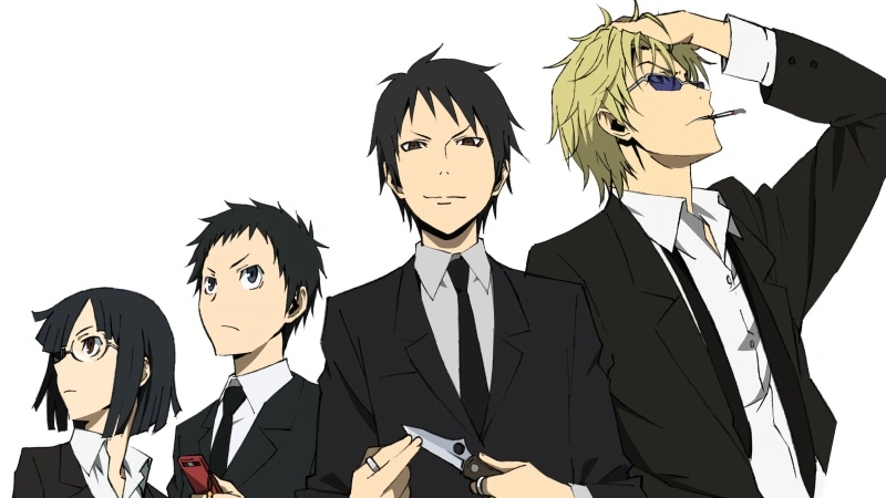 Promotional art for the anime Durarara!!, featuring four main characters standing side-by-side against a white background.