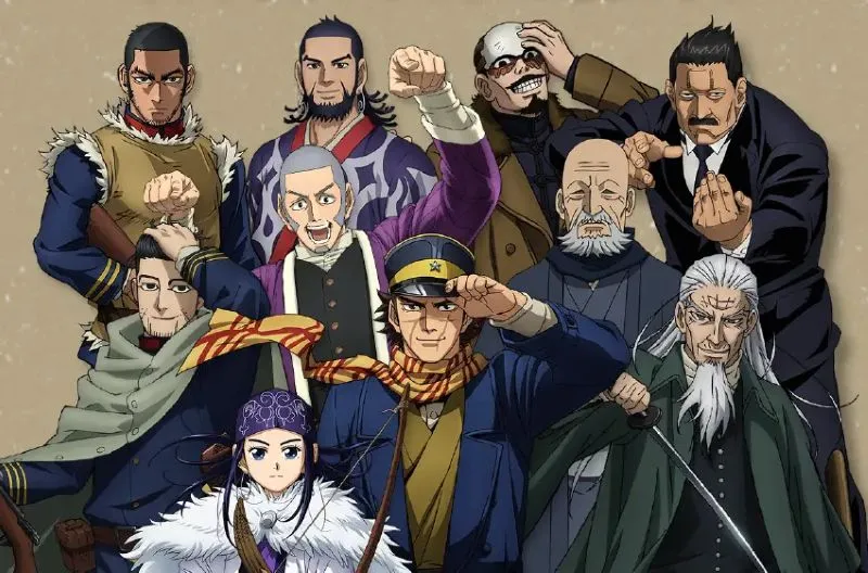 A group of main characters from the anime series Golden Kamuy stand together in a promotional image. The image features a diverse cast of men, including the protagonist Saichi Sugimoto, an Ainu girl named Asirpa, and other key figures like Toshizou Hijikata and Hyakunosuke Ogata. The characters are in various poses and expressions, dressed in period-appropriate clothing from the early 1900s, reflecting the historical adventure and action themes of the show.