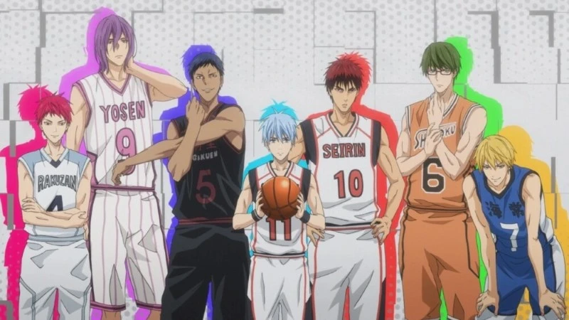 A group of seven male anime characters from the series Kuroko's Basketball stand together in various basketball uniforms.
