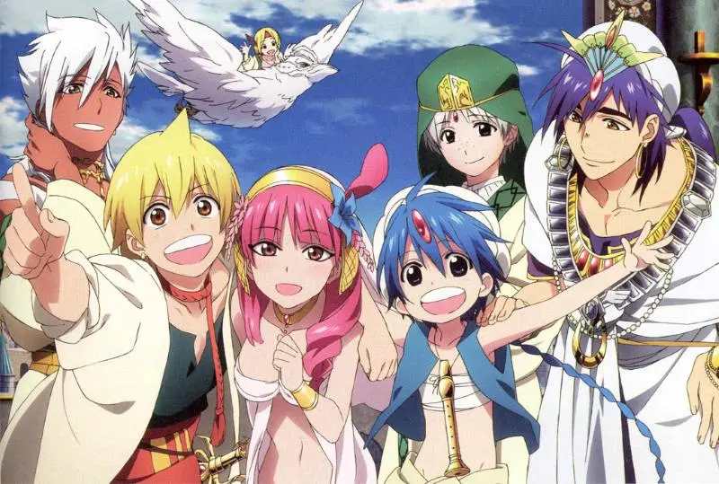 Promotional art for the anime series Magi: The Labyrinth of Magic, featuring main characters Alibaba Saluja, Morgiana, Aladdin, and Sinbad smiling together, with another character on a flying bird in the sky.