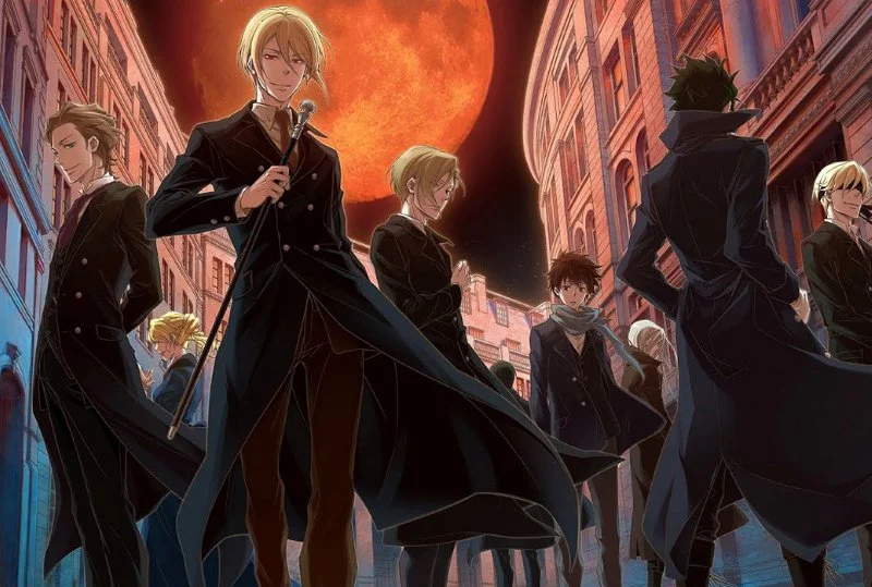 An anime illustration featuring a group of stylishly dressed characters standing in a narrow, gaslit city street under a large, vibrant red moon. The central figure is a tall, blonde man in a long black coat, holding a cane, with other characters surrounding him in various poses.