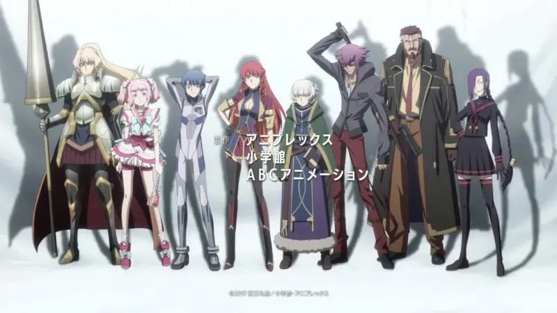 Eight anime characters, four female and four male, stand in a line against a white background, likely a promotional image for the anime series Re:Creators. The characters have varied appearances and outfits, including a woman in armor with a large shield, a girl in a pink dress, a woman in a white and blue suit, a woman in a red outfit, a woman in a purple outfit, a man in a grey suit, a man in a brown coat, and a man in a military-style uniform. Japanese text overlays on the image indicate production committees.