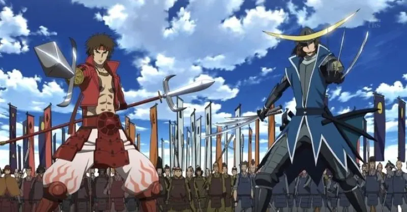 Two anime characters, Sanada Yukimura and Date Masamune from the series Sengoku Basara: Samurai Kings, face each other in a battlefield standoff, surrounded by soldiers and battle flags.