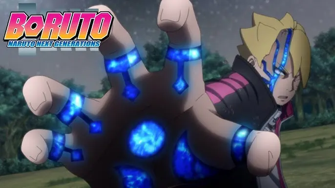 A close-up shot of the anime character Boruto Uzumaki from "Boruto: Naruto Next Generations" activating his Karma seal. His right hand is glowing with bright blue patterns, which also spread across the right side of his face. The series logo is visible in the top left corner.