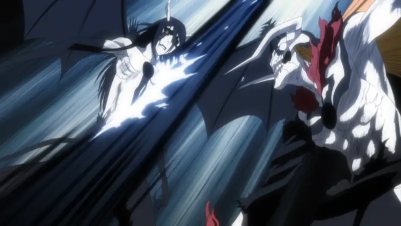 An image of an intense battle scene from the anime Bleach, featuring the characters Ichigo Kurosaki in his Vasto Lorde Hollow form (right) fighting Ulquiorra Cifer in his Resurrección Segunda Etapa form (left). The characters are mid-air, surrounded by motion lines and energy effects.
