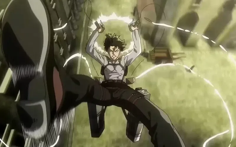 Levi Ackerman in mid-air combat using Omni-Directional Mobility gear in Attack on Titan.