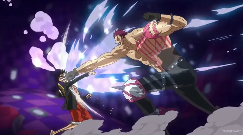 Monkey D. Luffy (left) in his Gear Fourth form punches Charlotte Katakuri (right) during their intense battle in the anime series One Piece.