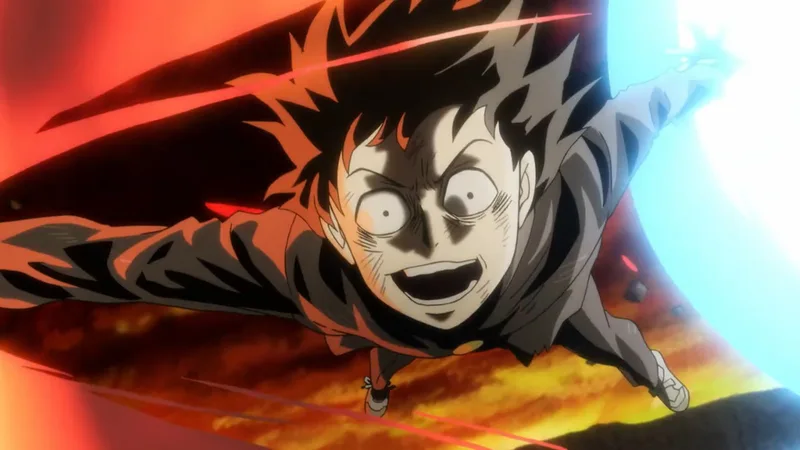 Shigeo Kageyama (Mob) from the anime Mob Psycho 100 with wide eyes and an open mouth, surrounded by red and blue psychic energy effects during a battle scene.