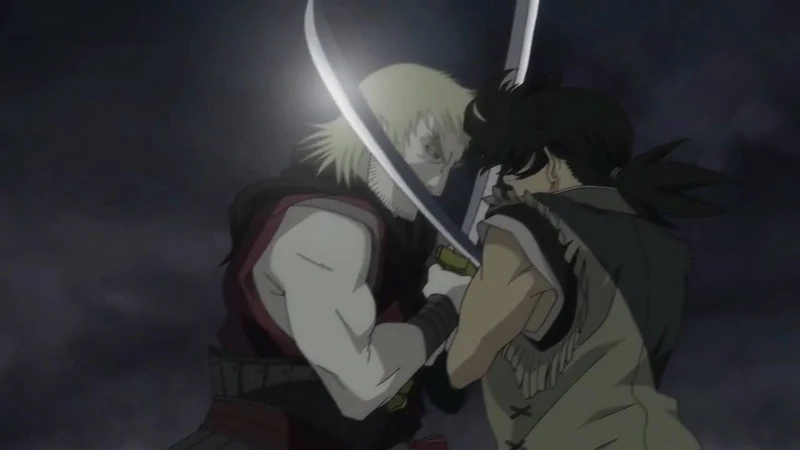 wo characters, Nanashi and Rarou, engaged in a dynamic sword fight from the anime Sword of the Stranger.