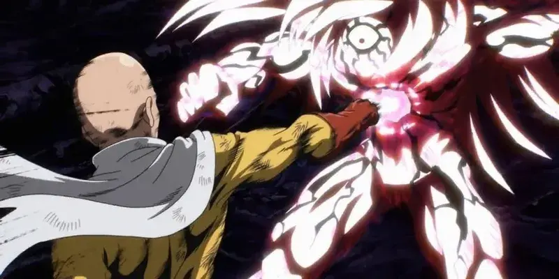 An image from the anime One-Punch Man showing the main character, Saitama, delivering a powerful punch to the glowing chest of his opponent, Lord Boros.