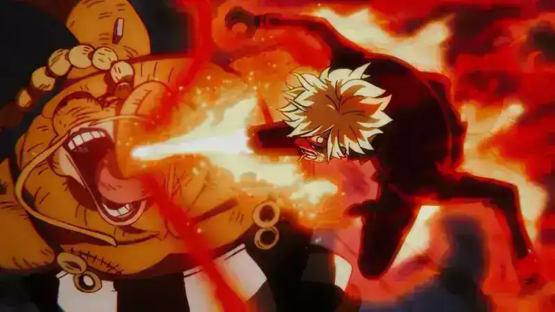 An anime character named Sanji is shown delivering a fiery kick attack, known as the Ifrit Jambe or Diable Jambe, to a large, yellow, dinosaur-like opponent named Queen.