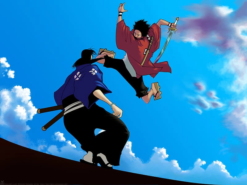 A dynamic illustration from the anime Samurai Champloo featuring main character Mugen in mid-air during a fight with another samurai, Jin, set against a bright blue sky with white clouds.