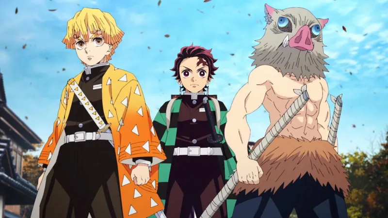 A colorful anime image featuring three characters from the series Demon Slayer: Kimetsu no Yaiba: Zenitsu Agatsuma, Tanjiro Kamado, and Inosuke Hashibira.