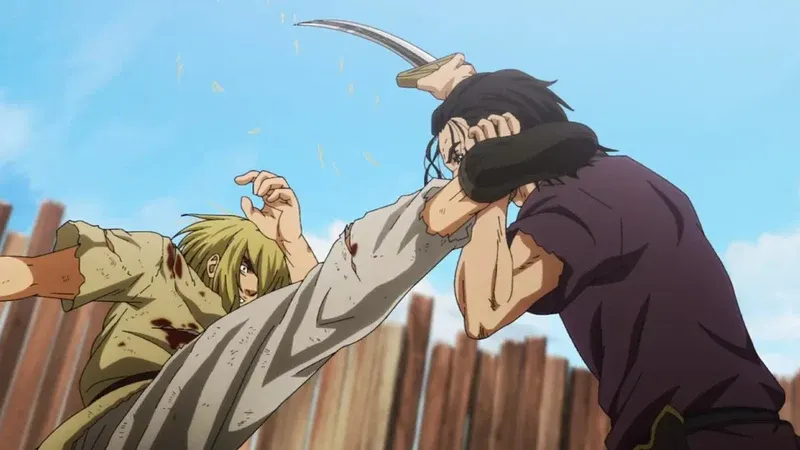 wo men, Thorfinn and Snake, are engaged in close combat, with Thorfinn delivering a high kick to Snake, who is blocking with his arm and holding a knife.