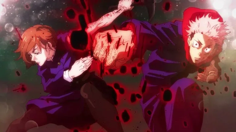 An intense anime fight scene showing Yuji Itadori and Nobara Kugisaki from Jujutsu Kaisen in mid-action, surrounded by dark red, blood-like cursed energy effects during their battle against the Cursed Wombs Eso and Kechizu.