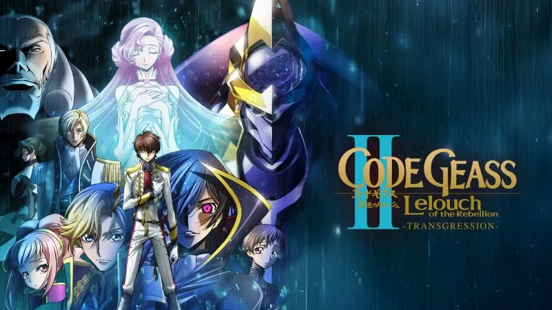 Promotional poster for the anime movie Code Geass: Lelouch of the Rebellion II - Transgression, featuring main characters Lelouch, C.C., Suzaku, and Kallen, surrounding a large robot and the movie title logo
