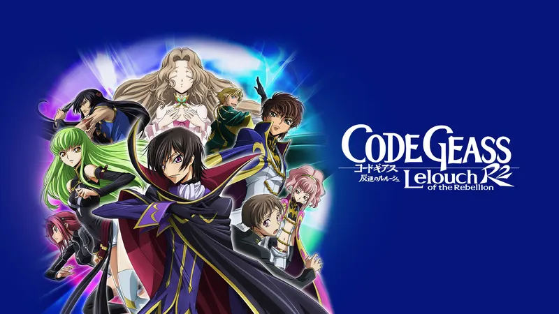A promotional image for the anime series Code Geass: Lelouch of the Rebellion R2, featuring several main characters in action poses against a blue background.