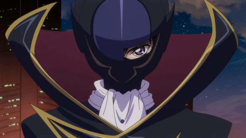 An image of the anime character known as Zero from Code Geass. The character, whose true identity is Lelouch vi Britannia, is shown from the chest up, wearing his iconic black and purple mask with gold trim. The single visible eye is purple. The background is a dark cityscape at night. 